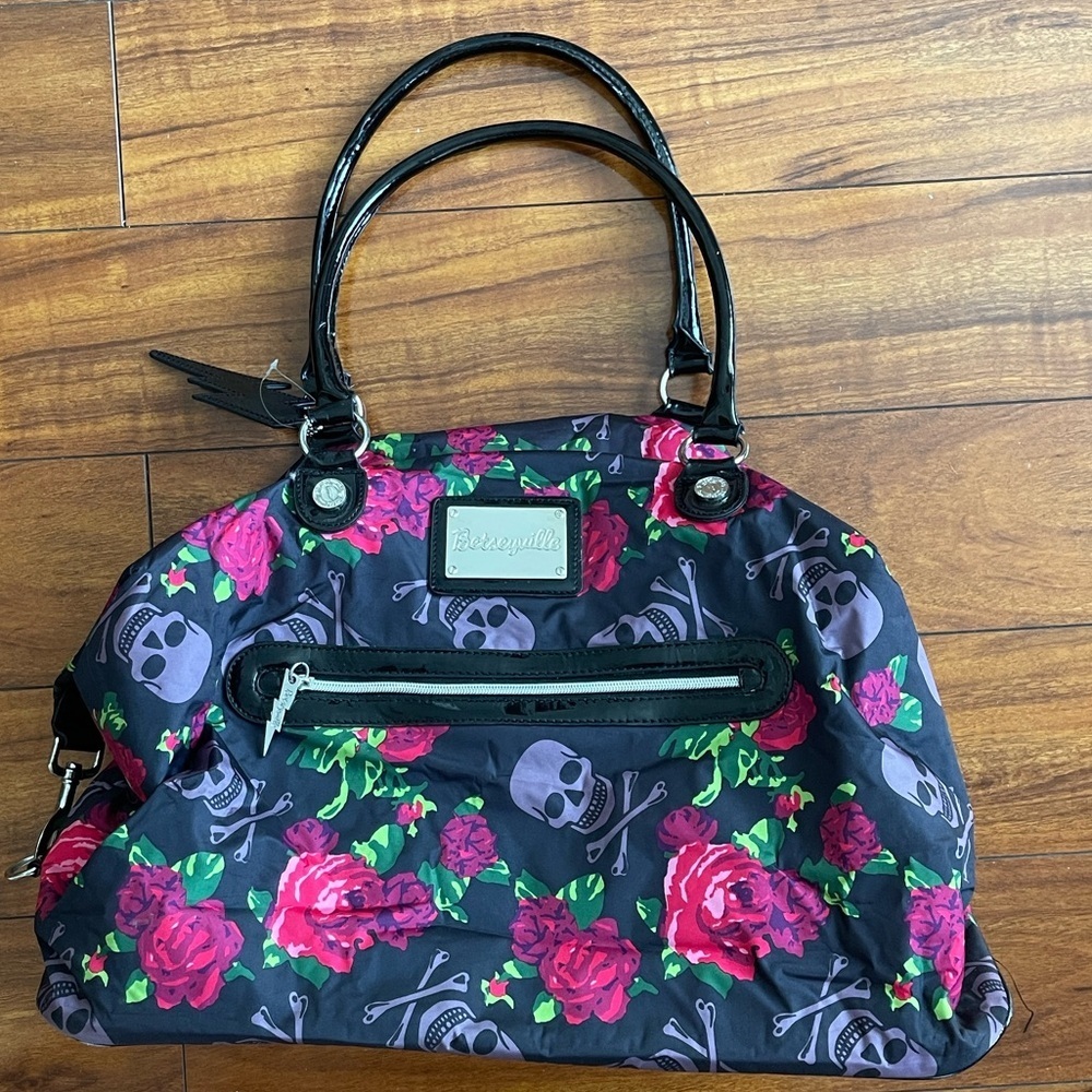 Betsey Johnson Black Duffle Bag with Pink and Green Skulls